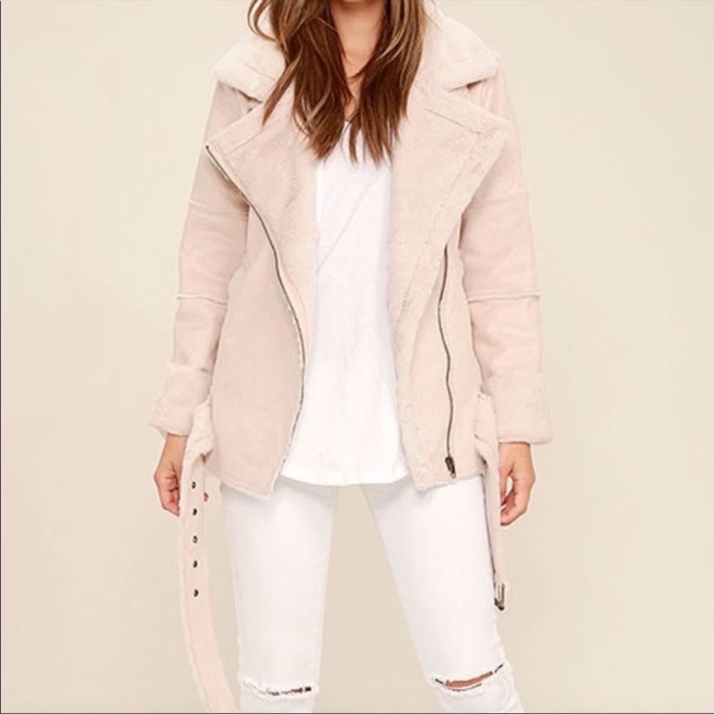 NWT JOA Moto Dusty Pink Sherpa Faux Fur Coat